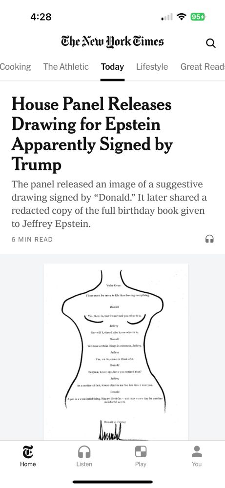 Front page image of NYT with headline that says the drawing is “apparently” signed by Trump, in order to avoid a lawsuit