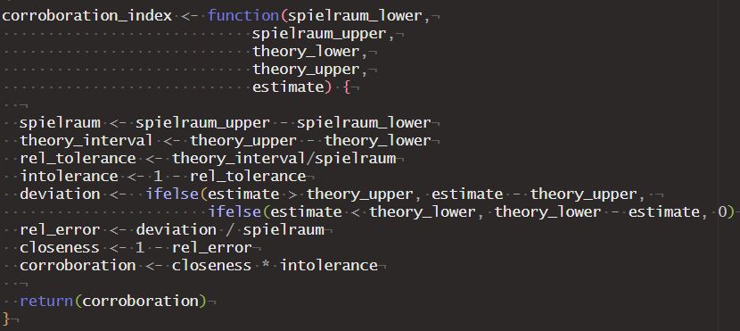 Code for corroboration_index function in R:

corroboration_index <- function(spielraum_lower,
                            spielraum_upper,
                            theory_lower,
                            theory_upper,
                            estimate) {
  
  spielraum <- spielraum_upper - spielraum_lower
  theory_interval <- theory_upper - theory_lower
  rel_tolerance <- theory_interval/spielraum
  intolerance <- 1 - rel_tolerance
  deviation <-  ifelse(estimate > theory_upper, estimate - theory_upper, 
                       ifelse(estimate < theory_lower, theory_lower - estimate, 0)
  rel_error <- deviation / spielraum
  closeness <- 1 - rel_error
  corroboration <- closeness * intolerance
  
  return(corroboration)
}