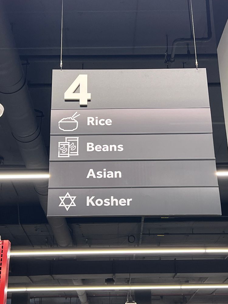 Grocery aisle sign. It says rice, beans, Asian, and Kosher. All but Asian have a symbol next to them. 