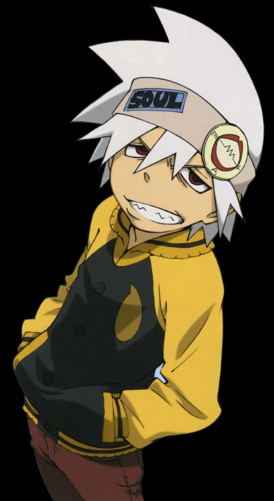 Soul from the anime Soul Eater. He's a boy with white hair, red eyes, and a sharp grin.