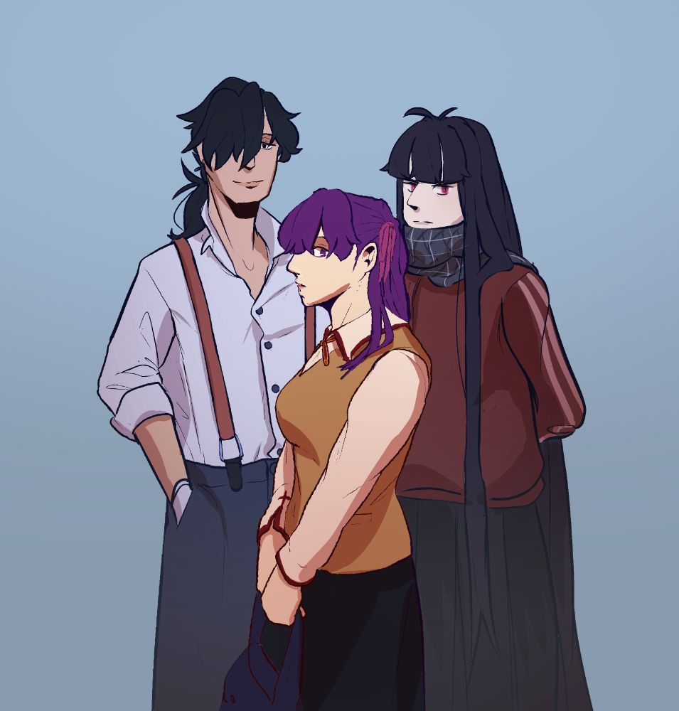 An illustration of Sakura Matou, Sakamoto Ryouma and Oryou-san. Sakura stands in the center while Ryouma and Oryou stand behind. Sakura wears her school uniform. Ryouma wears a dress shirt and dress pants with suspenders while Oryou wears a red sweatshirt over a long skirt. 