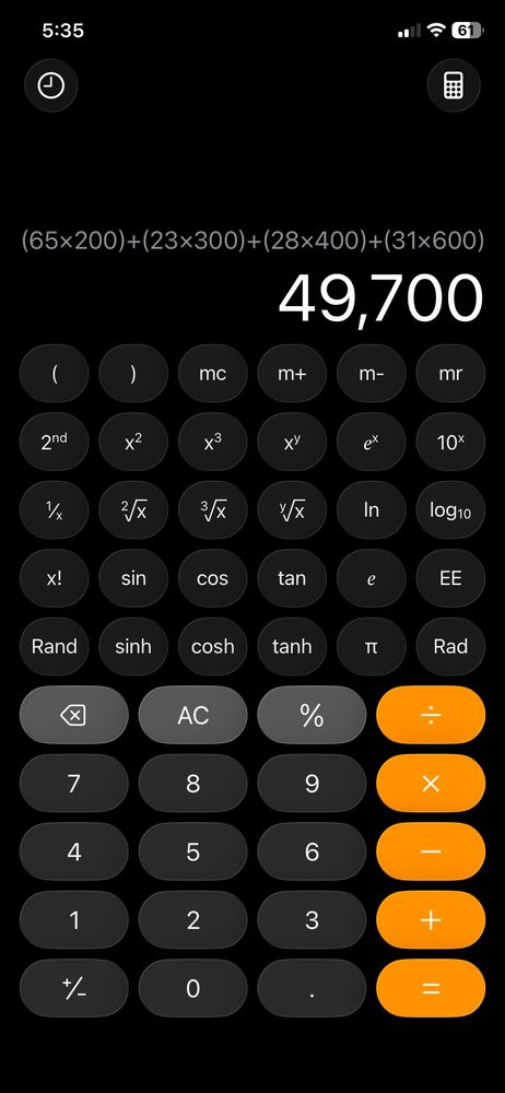 A screenshot from the calculator app with the following equation:

Start bracket 65x200 end bracket + start bracket 23x300 end bracket + start bracket 28x400 end bracket + start bracket 31x600 end bracket.

The answer is. . . . 49700.