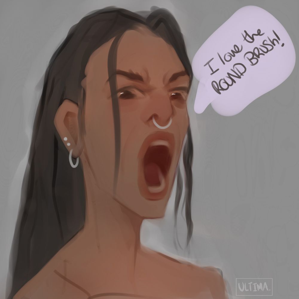 A woman with silver piercings yelling out “I love the round brush”