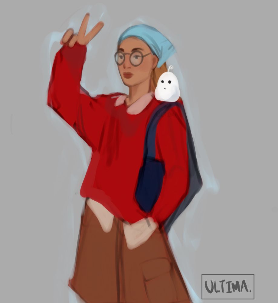 A young woman in a red sweater and brown pants with a tiny floof on her shoulder 