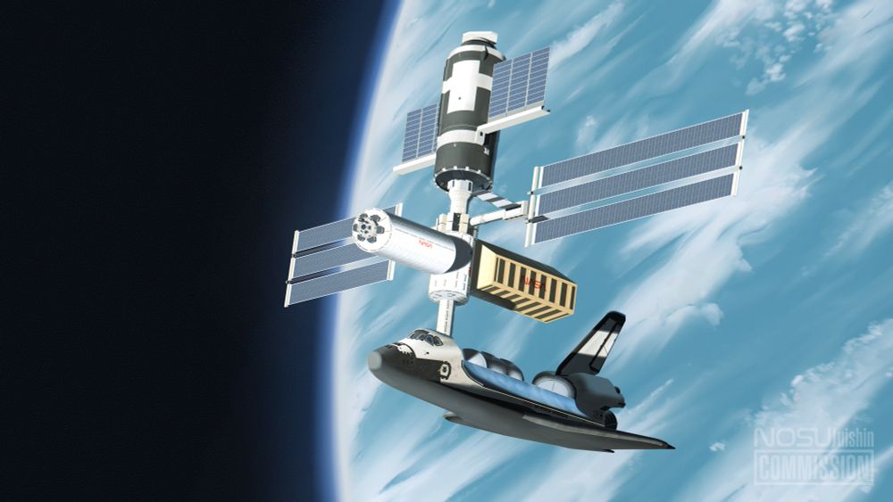 The artwork of Skylab space station with expansion modules and space shuttle for Alternative History “A Sound of Thunder” by Alan Baker.