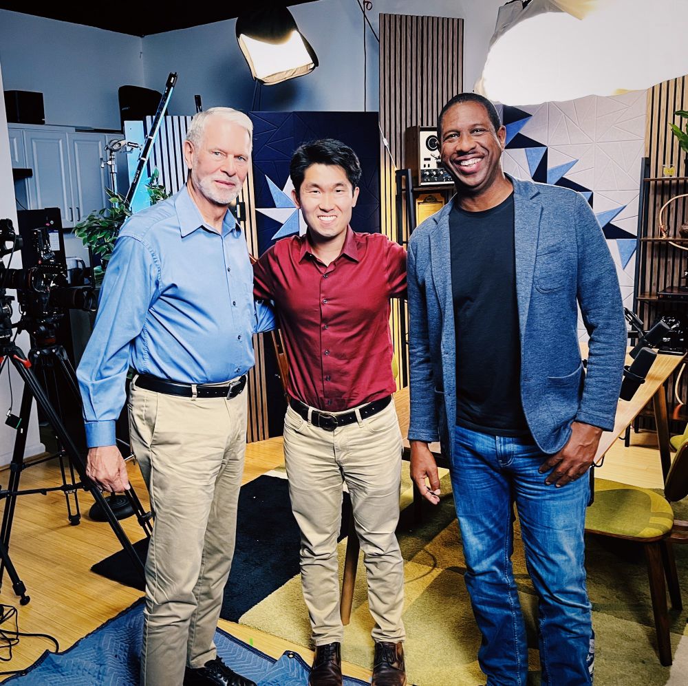 Bob Hazen, me, and Hakeem Oluyesi on a film set