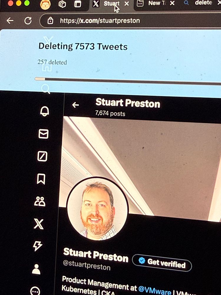 Showing a script running that is deleting 7573 of my old tweets off the bird site.