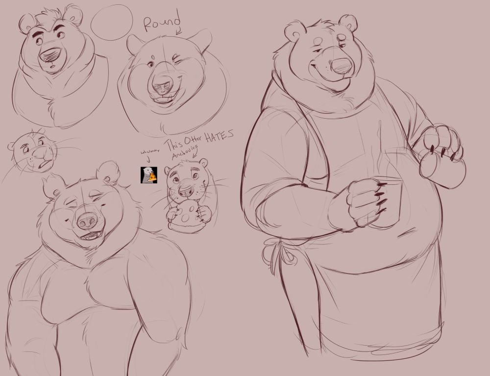 A sketch page with a heavy bear bias and a side of otter headshots. One bear looks curiously to the top left, while another bear winks at the viewer. There is the word "Round" with an arrow pointing at this bear, and a circle drawn next to him for comparison. Below this, an otter looks in disgust at another otter eating a slice of pizza. The text above this says, "This otter HATES anchovies." There's a very compressed image of an emote otter eating pizza that says "Lol crunchy" in reference to how pixelated the image is. Another bear in the bottom left of the image is pressing their shoulders forward and bunching up their neck and chest while making a goofy smile at the viewer. Finally there's a bear on the right wearing an apron and pouring a hot beverage into a cup. The pun of them being a "bearista" is undeniable.