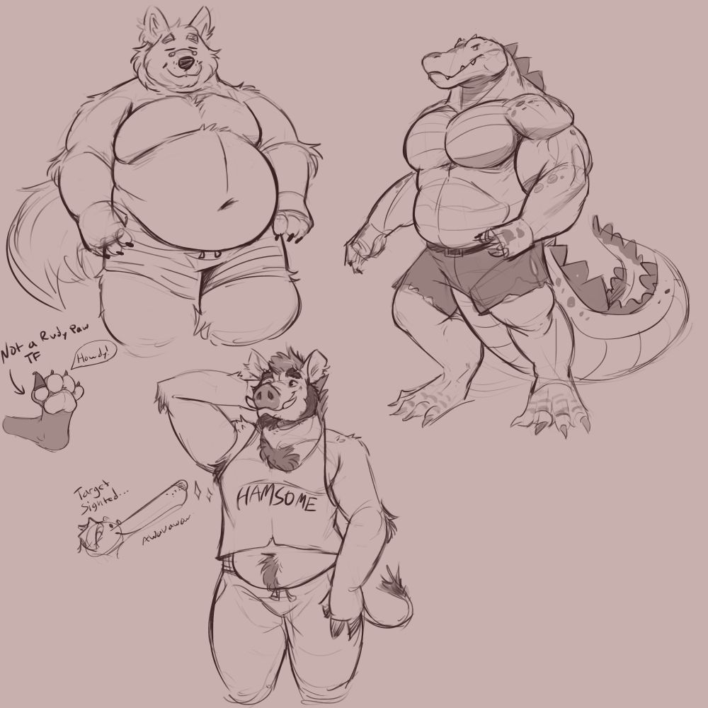 The first sketch is a fat Samoyed named Canvas, who is filling up the canvas. They're just chilling with their eyes closed and plump belly sagging over their shorts. They have a pair of tiny reading glasses on their snoot, which isn't getting much use right now. To their right is a very muscular gator standing idly while looking out of the side of their eye at the viewer. He has a soft belly, but it's nowhere near as big as the long, thick tail swaying out behind him. He's wearing nothing except a tattered pair of jean shorts that might have been cut along his strong thighs at some point. Below these doodles is a boar guy with a gentle smile on his bearded face. He has one hand raised behind his head, which has also lifted his tank top up to show his chubby lower belly. The tank top rightfully says "Hamsome" on it, and it's not a typo. He's unaware of a borzoi with a long snoot. It is saying "target sighted awawawawa" and its angled towards the boar's raised arm. Finally there's the howdy patas (Spanish for paws) that is saying "Howdy!" One of the toes is wearing a little gnome hat, and the artists assures you this is no kind of transformation. It's just a toe bean wearing a gnome hat.