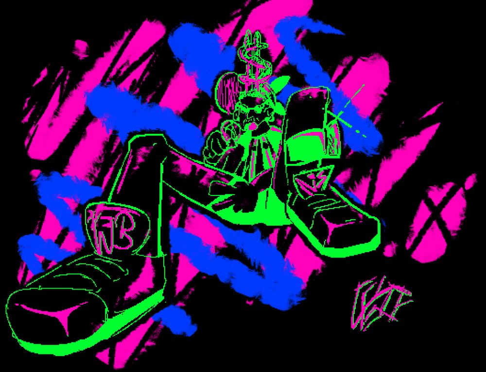 A very bright neon rendition of my idea of Wenis Man. (Wenis man is a fictional character who is the canonical vocalist of the "Wenis Man" track series, made by me and my good friend 71stFrick.)
Wenis Man is seen sporting hair that forms a dollar sign, a propeller hat, suspender shorts, a house arrest bracelet, and tennis shoes that spell out "we nis" on the tongues of the shoes.