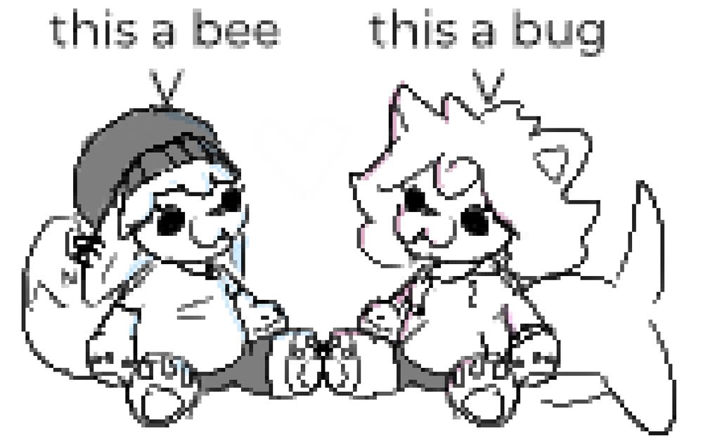 low resolution drawing of two plushies. Left is a Star plushie, labeled "this a bee", and right is a Frutt plushie, labeled "this a bug"