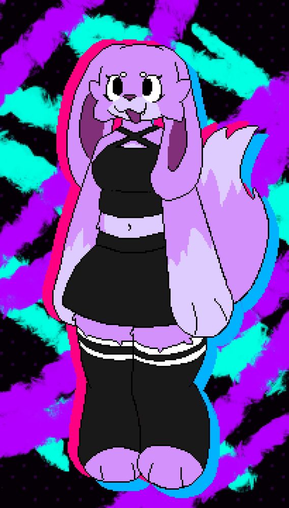 A brightly coloured, low resolution drawing of a fluffy pink bunny character with a fox tail. She's wearing a black top, black skirt, and black thigh highs.