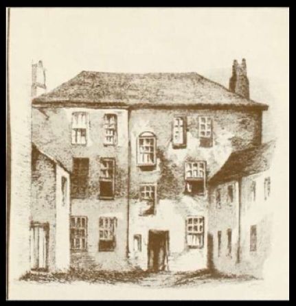 Delapidated lookong three storey Georgian semi detached buildings. Sepia toned etching. 