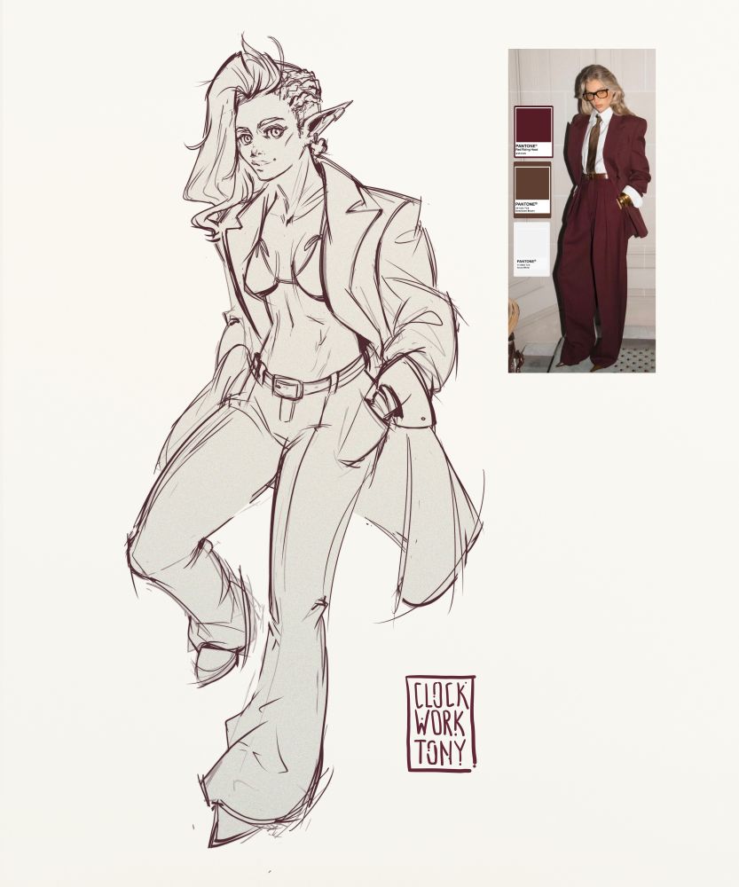 A sketch of an elf girl wearing a suit
