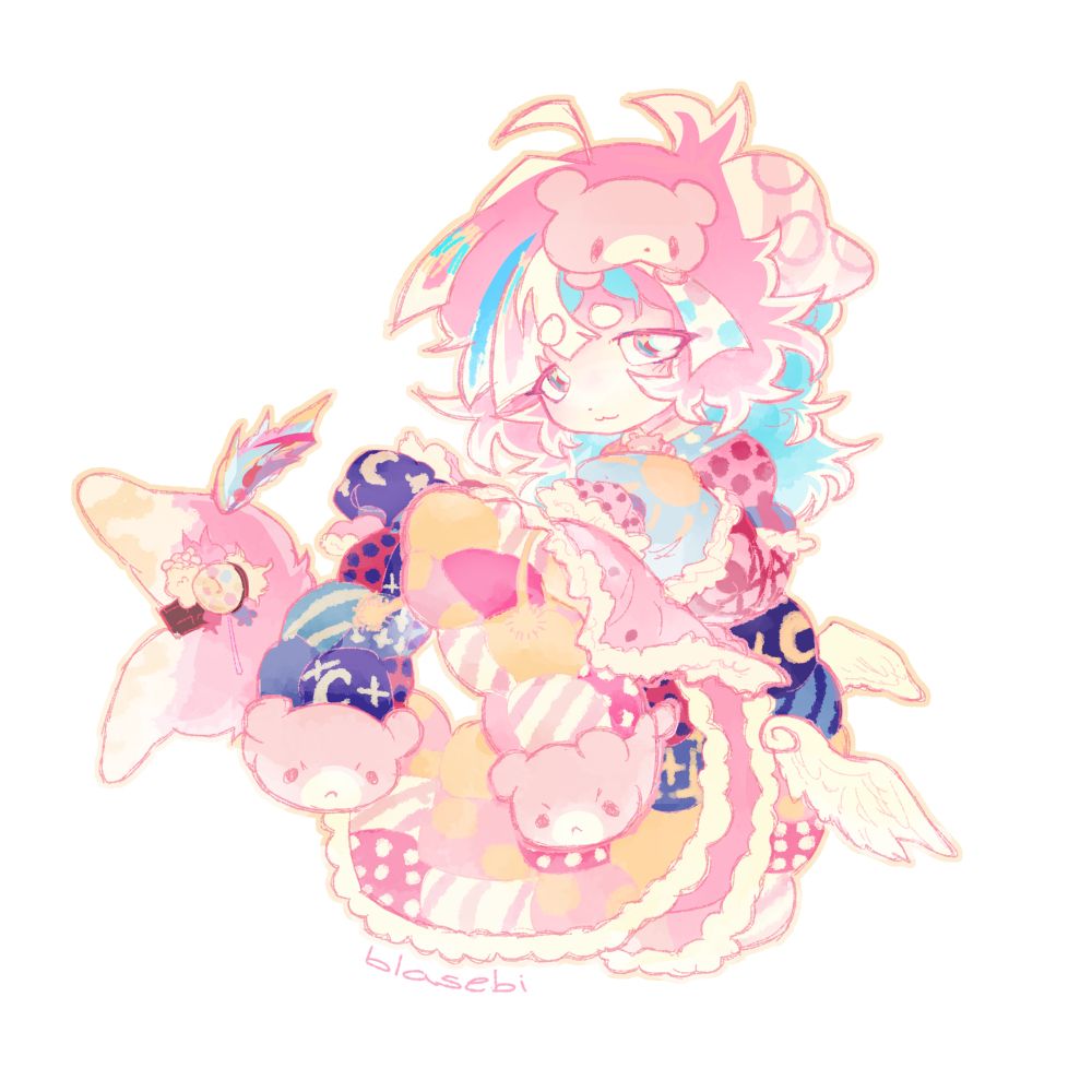 A chibi full body of a pink-haired girl with blue accents. She's posed as if she's floating, with her legs and pink tail curled up. She wears quilted clothes and a quilt over her tail.