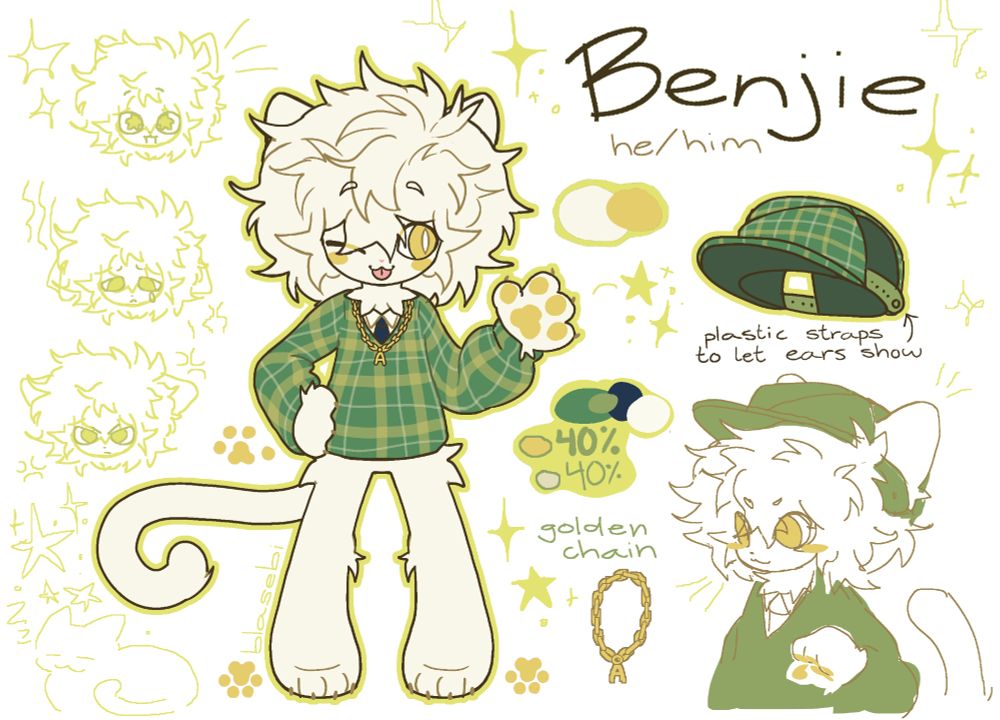 A reference sheet of Benjie, a chibi anthropomorphic cat. 

He has creamy off-white fur, golden eyes, golden paw-pads, and golden blush markings. He is a shorthair cat with scruffy hair. He wears school uniform under a green plaid sweater with white and golden stripes, topped off with a golden chain with an A initial. On the side, his hat, a green cap with the same plaid pattern as his sweater, is drawn for better reference. 

On the bottom right corner of the page is a doodle of Benjie wearing his cap, looking off to the left with a cute angry cat face. On the left side of the page are three doodles of Benjie's expressions. From the top down, he is drawn excited, crying, and irritated.