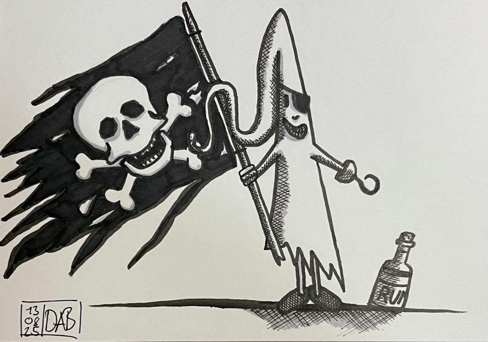Selbst gezeichnetes Bild von freundlichen Geist (Fridolin). Er hält in der einer Hand eine zerfetzte Piratenflagge mit Totenschädel drauf. Die andere Hand ist ein Haken und über dem rechten Auge hat Fridolin eine Augenklappe. Neben ihm im Sand steht eine Rum Flasche. 