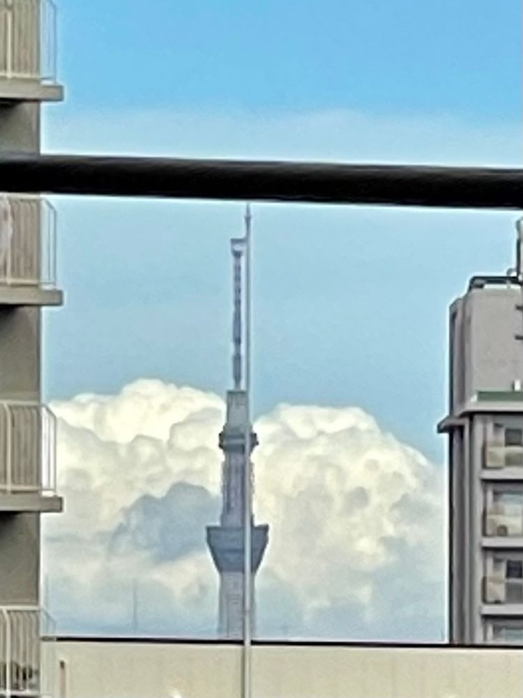 the tip of Tokyo Sky Tree waaaaay in the background, popping up between some foreground buildings, with clouds behind it. 