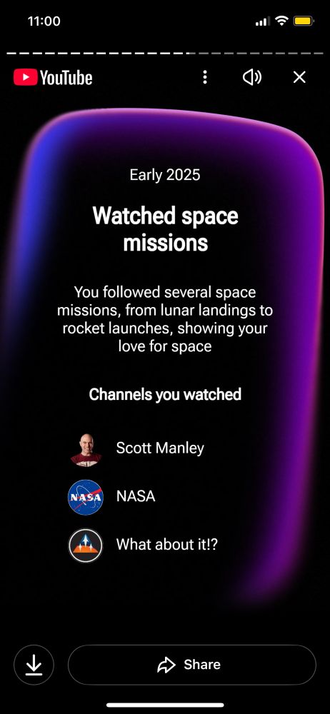 youtube recap slide showing “watched space missions”, noting the channels for Scott Manley, NASA, and What about it? (surprisingly, Astrum was not listed there, although it did show up on the big thumbnails collage)