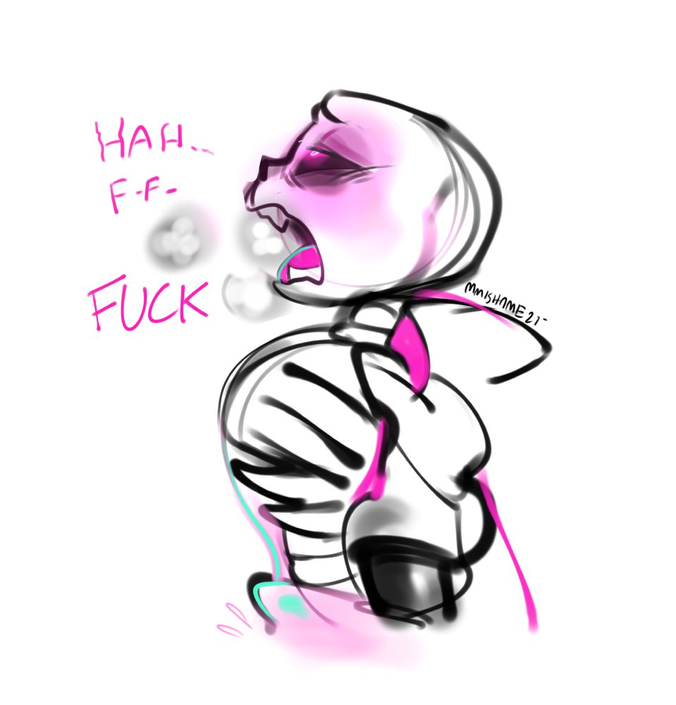 Side profile of Dr Baggs with his coat open and ribs exposed, panting and face screwed up in pleasure, pupils rolled up, deep magenta blush in his face. "HAH... F-F-FUCK". There's a hint of bulging ecto in his middle.