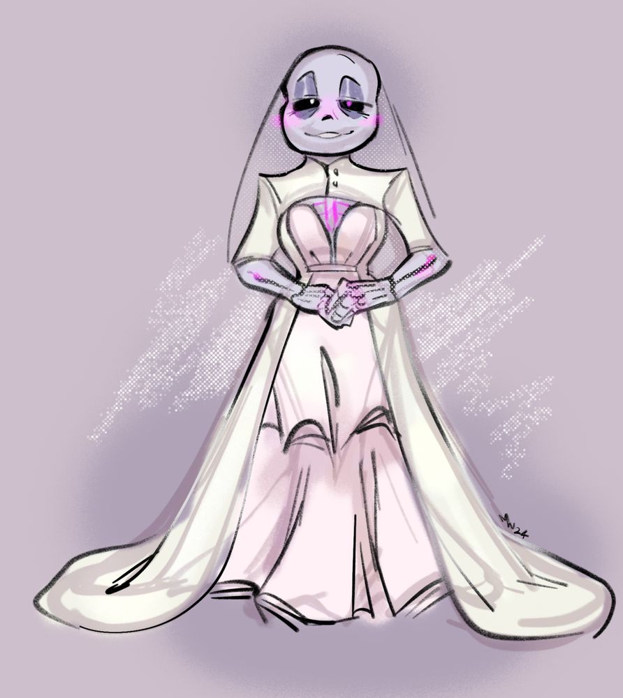 Dr Baggs in a wedding dress, holding his hands demurely in front of him,  with a gentle smile that crinkles his eyes.