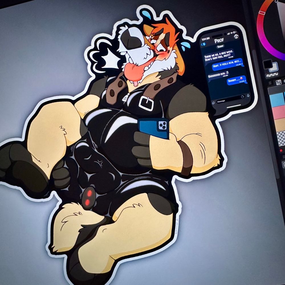 Anthropomorphic dogman, decked in shiny rubber, with a bluetooth toy under his tail. Flushed cheeks, panting, trembling. Looks like whoevers controlling it is giving him quite a ride…