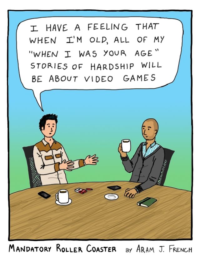 Single panel comic with two men seated at a table, drinking coffee. One man is saying to the other 