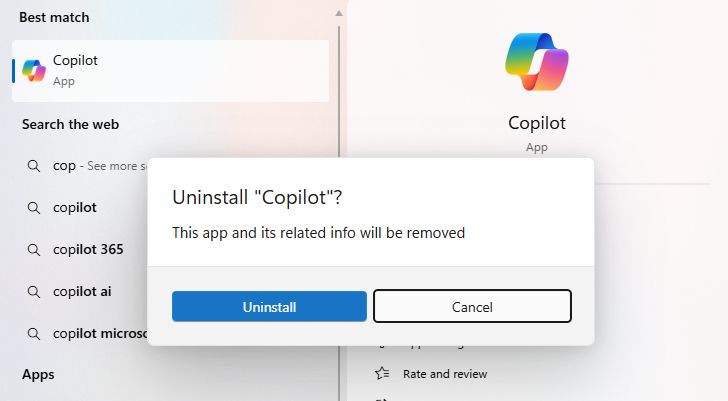 A Microsoft Windows dialog box asking if I want to uninstall Copilot. Yes. Yes I do.