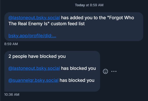 notification saying bluesky user @lastoneout has added me to the "forgot who the real enemy is" custom feed list