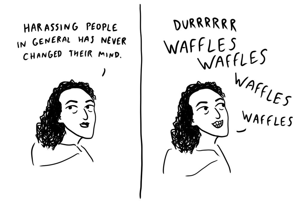 A two panel comic about the CEO of BlueSky, who is not a cringe dork and a bully saying, in the first panel "Harassing people in general has never changed their mind." And then in the second panel having a meltdown and screeching "Durrrrrr waffles waffles waffles waffles"