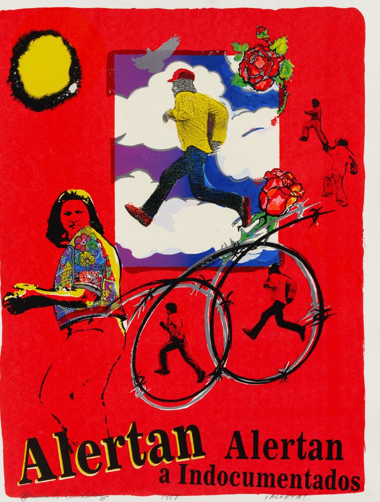 "¡Alerta! (Beware!)" screenprint on paper

----- [from Chicana Por Mi Raza]-----
¡Alerta! is a serigraph created in Cervántez's time collaborating with the East Side Artistas (ESA). According to Cervántez, the piece along with the ¡Alerta! exhibition is inspired by an instalation, multi-media piece that she completes for her second-semester, first quarter review in her time at The University of California, Berkely. 
The serigraph addresses the lives lost in the Central American crisis.
