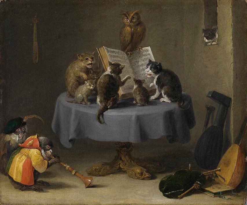 "The cat concert"

----- [from Wikipedia] -----

David Teniers the Younger or David Teniers II (bapt. 15 December 1610 – 25 April 1690) was a Flemish Baroque painter, printmaker, draughtsman, miniaturist painter, staffage painter, copyist and art curator. He was an extremely versatile artist known for his prolific output. 
He was an innovator in a wide range of genres such as history painting, genre painting, landscape painting, portrait and still life. He is now best remembered as the leading Flemish genre painter of his day. Teniers is particularly known for developing the peasant genre, the tavern scene, pictures of collections and scenes with alchemists and physicians.

He was court painter and the curator of the collection of Archduke Leopold Wilhelm, the art-loving Governor General of the Habsburg Netherlands. He created a printed catalogue of the collections of the Archduke.

He was the founder of the Antwerp Academy, where young artists were trained to draw and sculpt in the hope of reviving Flemish art after its decline following the death of the leading Flemish artists Peter Paul Rubens and Anthony van Dyck in the early 1640s. He influenced the next generation of Northern genre painters as well as French Rococo painters such as Antoine Watteau.