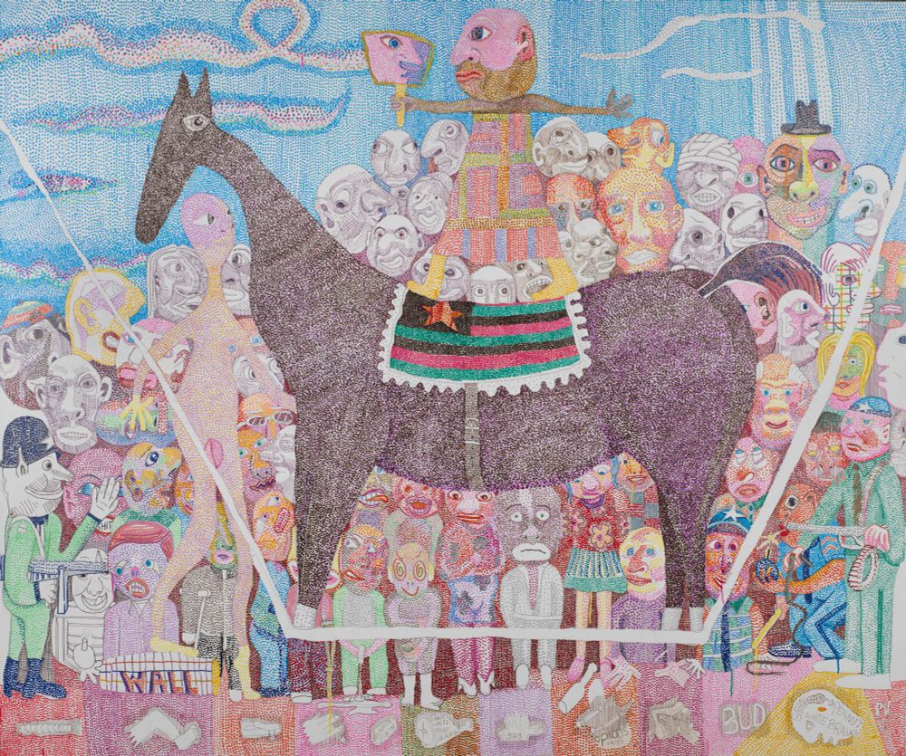 "A Foolish Trick" oil-based enamel and pencil on canvas

----- [from the Los Angeles Times] -----
 By Christopher Knight - Art Critic

Peter Williams’ pointillist painting technique, crowding thousands of tiny dots of enamel color within pencil-drawn contours of people, places and things, is not the same as the celebrated one pioneered more than a century ago by Georges Seurat and Paul Signac. His look yields a very different feel from the measured, careful tone of those French Postimpressionists.

Brash color is plainly important to the 14 Williams paintings in his Los Angeles debut at Luis De Jesus Gallery, most (though not all) of which explode with pointillist dots. Rather than the scientifically inflected approach of letting pure hues painted on a canvas mix only when they reach an observer’s eye, the Delaware-based artist, 66, uses staccato dots in an almost ritual way.

Fixated, determined, relentless — those are the descriptors for the pointillism of big, roiling, undulating crowd scenes in works like “Wild Thing, I Think I Love You” and “A Foolish Trick.” A gallery handout also connects the dots to Australian aboriginal art and African scarification patterns. Whatever the sources, the painter’s steadfast focus drives the viewer’s.

In the latter work, a rider mounted on horseback, ancient symbol of heroic triumph, is impossibly balanced on a tightrope before a staring, wide-eyed throng. The rider stands precariously on a variation of a Pan-African flag, a white mask worn over his black face. The foolishness of the balancing trick is transformed into trenchant racial spectacle.
[...]
Thousands of dots and brightly colored patterns stitch them (and us) together.