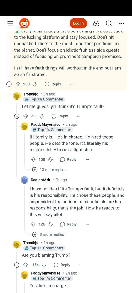 A screenshot from r/Conservative about the Signal app use for planning the attack on Yemen. One comment says the administration needs to stay focused and that they (the poster) has faith things will workout [sic] but they are frustrated by this. People replied and asked if they blame Trump and that OP says yes because he is in charge. Another person replied and says it may not be Trump's fault but it is his responsibility and how he (Trump) reacts will say a lot.