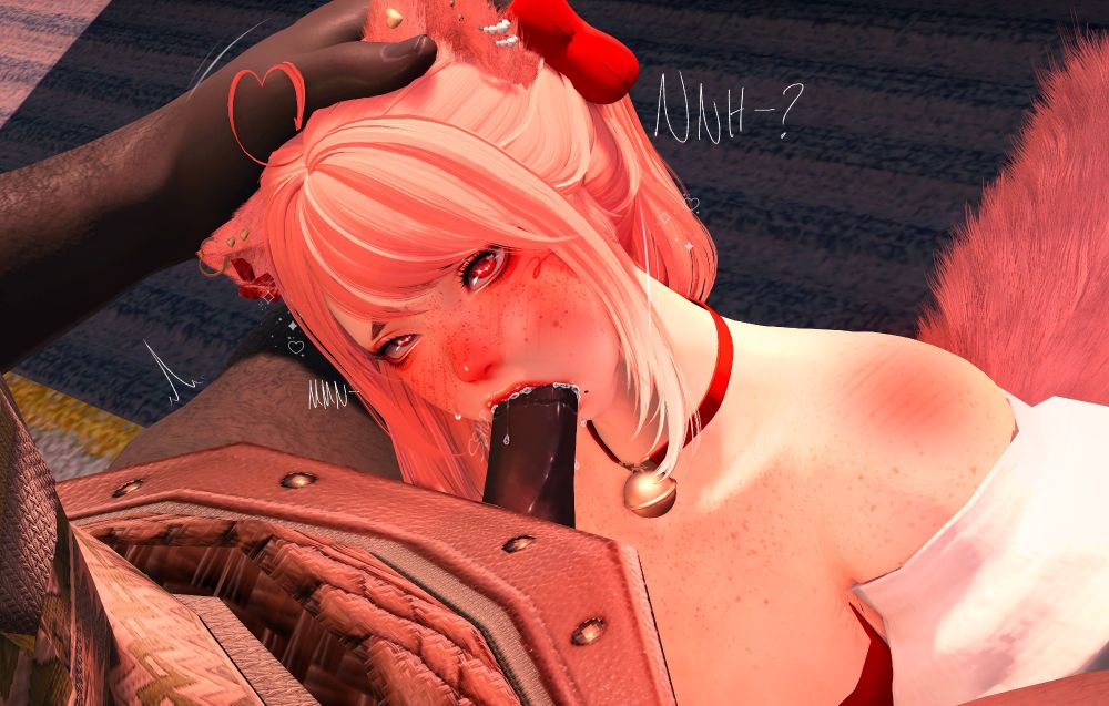 cupid peering up at erenville with a lust drunk gaze, her mouth stuffed with his cock and his gentle hand on her head