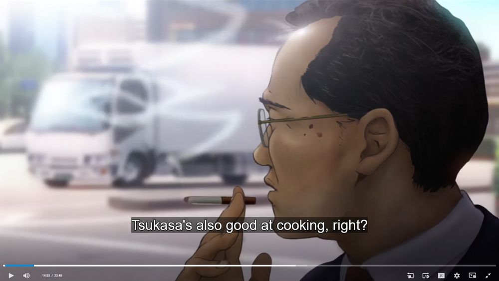 a middle aged man in a business suit smoking a cigarette and looking wistfully off to the side. 