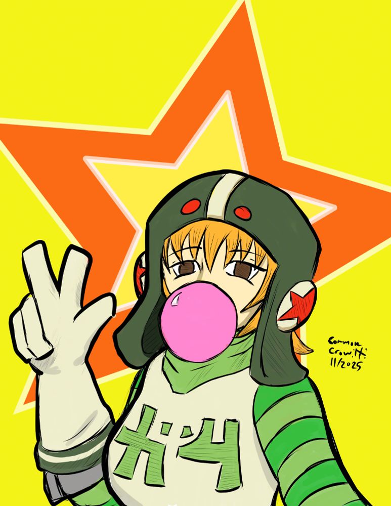Gum from Jet set Radio blowing a bubble and giving a victory/peace sign. there is a giant red star behind her on a yellow background