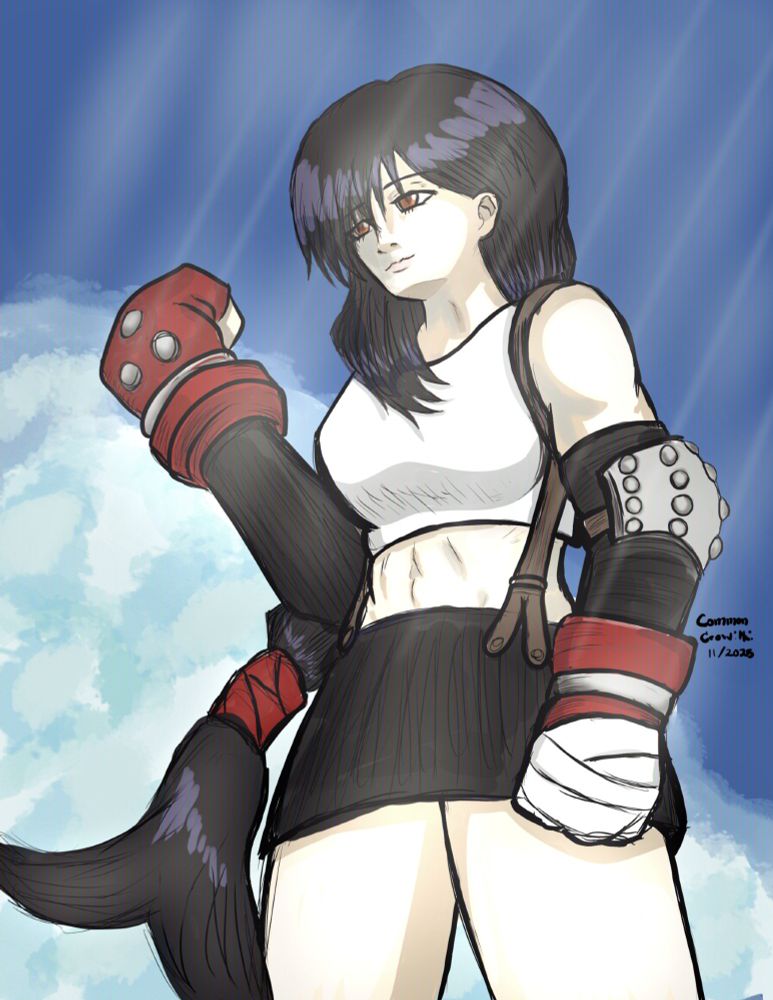 Tifa viewed from below with her fist raised slightly. Behind her is an azure sky and a billowy cloud and sun rays are shining down on her. 
