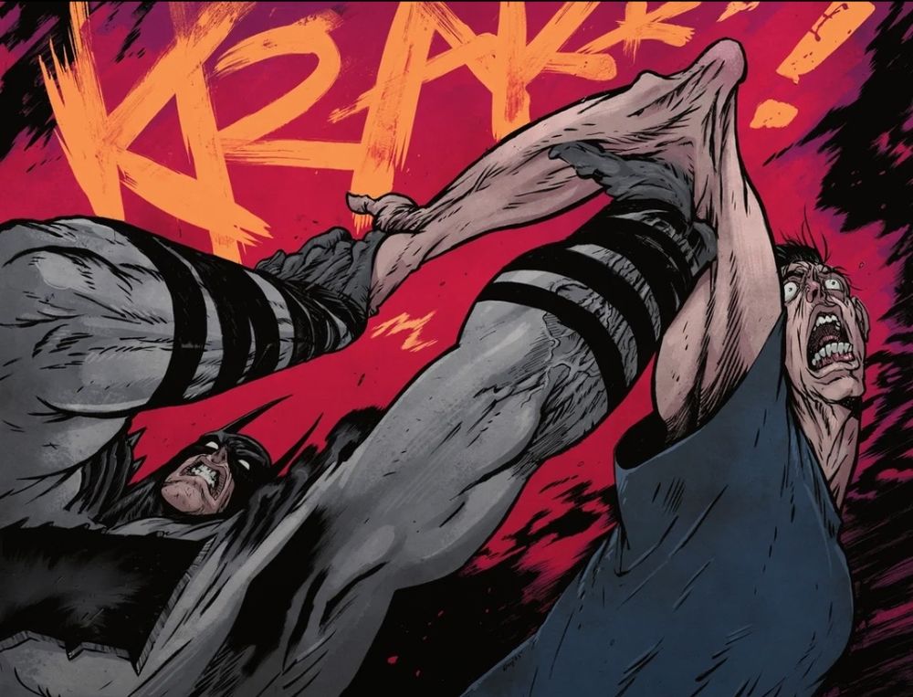 A single panel from Absolute Batman 

Batman has grabbed the saluting arm of the Nazi, cutting him off before he can finish saying "WHITE POWER". An onomatopoeiac KRAKK appears above them as Absolute Batman forces his palm through the fascist's arm, breaking it. The fascist's eyes wide and mouth agape as he registers the blow. 