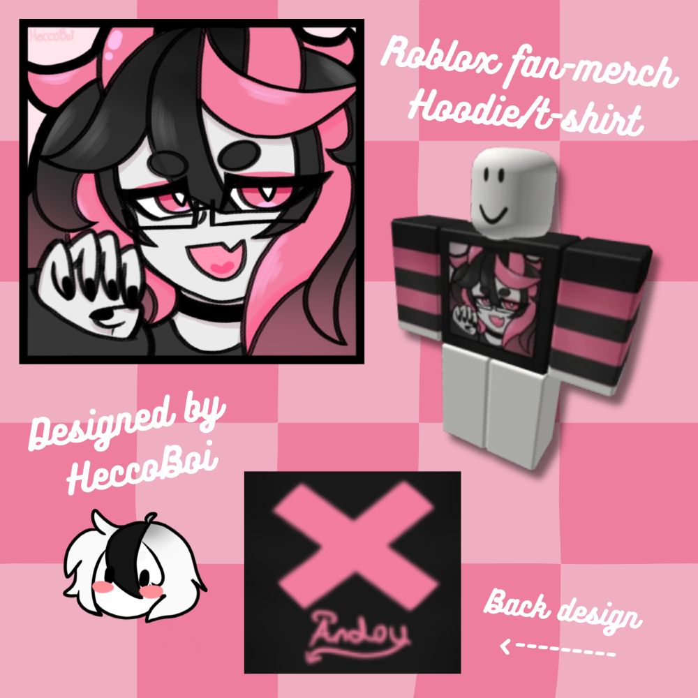 Promotional flyer for roblox fan merch of Andou showcasing what the shirt looks like on a blank robloxian along with the shirt graphic on the front and back