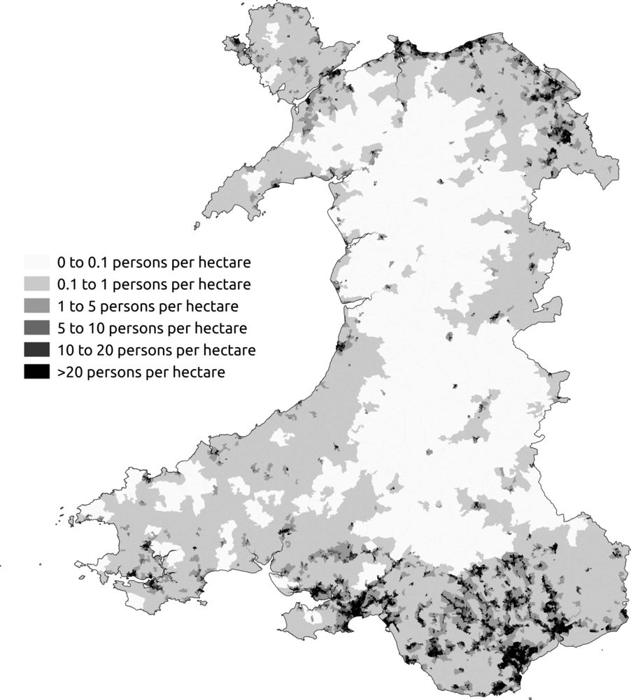  Map of population density in Wales from the 2011 census.
https://commons.wikimedia.org/wiki/File:Population_density_map_in_Wales_from_the_2011_census.png