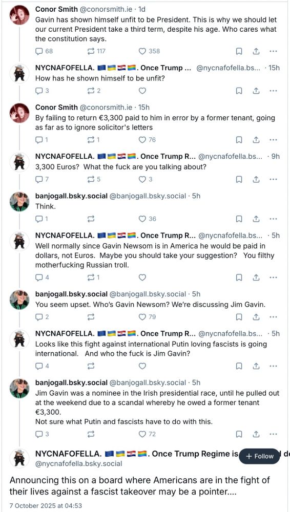 Screenshot of a Twitter thread where an American poster takes offense at the words "Gavin has show himself to unfit to be President", unaware that they have mistaken a conversation about the failed campaign of Irish Presidential candidate Jim Gavin for a conversation about California Governor Gavin Newsom.