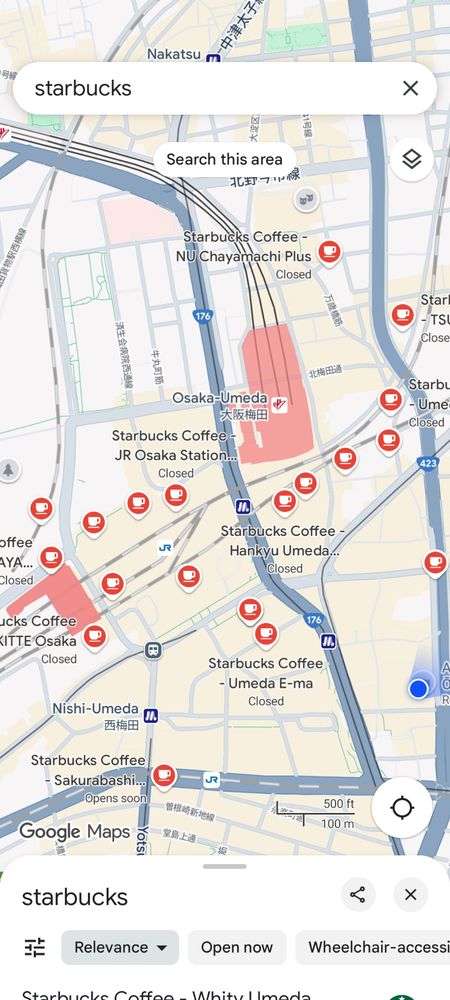 Map screenshot showing over a dozen Starbucks around Osaka Station 