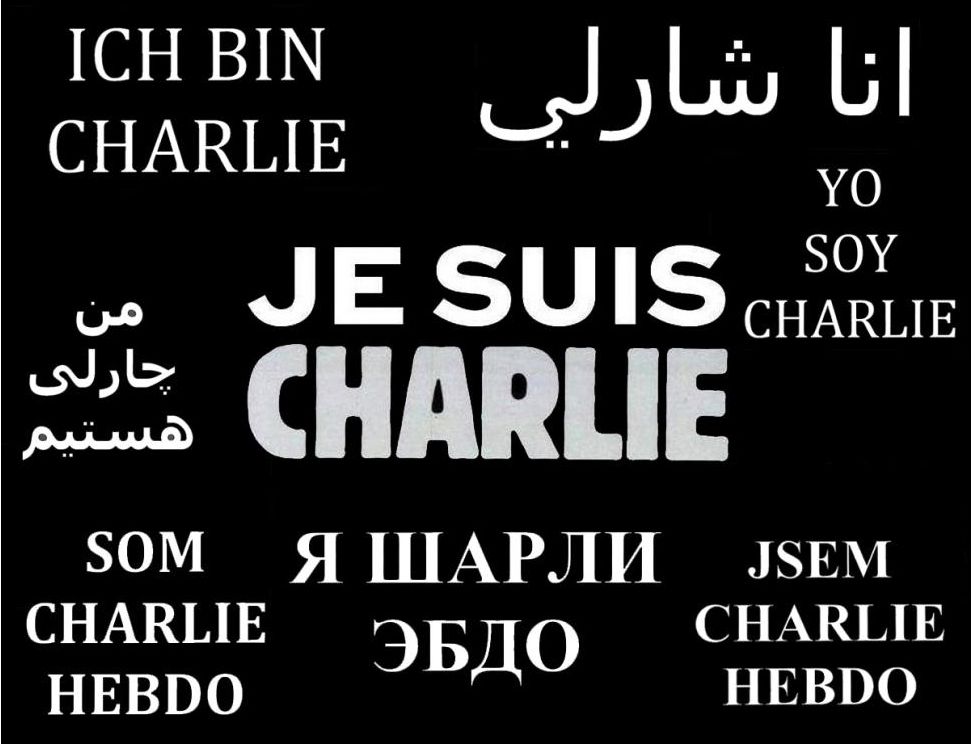 Translation in several languages of the French slogan "Je suis Charlie" that became a popular way of showing support of French satirical weekly magazine Charlie Hebdo following the attack by Islamist terrorists of its Paris office and the killing of 12 people including cartoonists, journalists, staff and two police officers on 7 January 2015