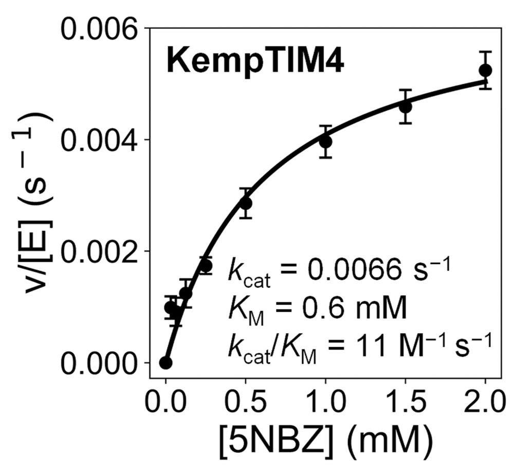 Michaelis-Menten plot of KempTIM4 showing saturation kinetics.