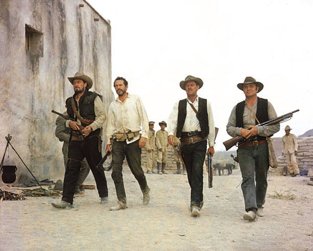 actors Ben Johnson, Warren Oates, William Holden & Ernest Borgnine in “The Wild Bunch”