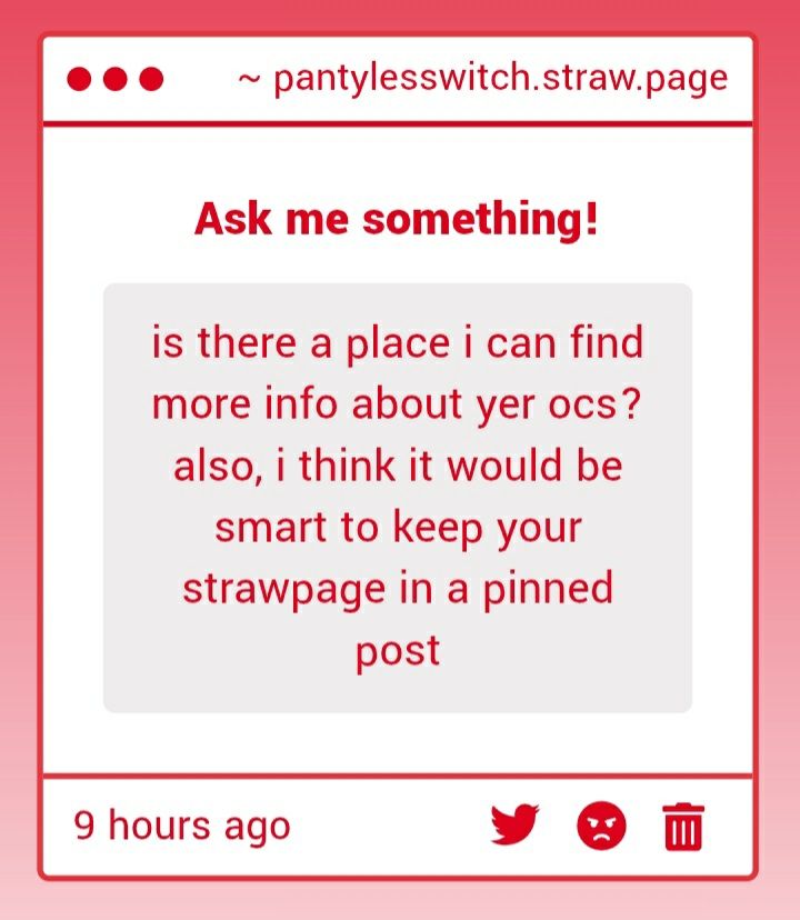 Ask me something!

"is there a place i can find more info about yer ocs? also, i think ot would be smart to keep your strawpage in a pinned post"