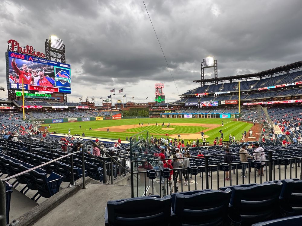 Citizens Bank Park field with ominous looking grey clouds