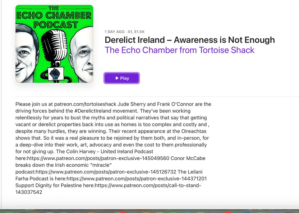 Me & @judesherry.bsky.social have done lots of podcasts since we started #DerelictIreland but this is definitely one of the more relaxed, & it should give clarity on where we, our art, activism & the movement are

Thanks for chat @tonygroves.bsky.social
#speirgorm

https://podcasts.apple.com/ie/podcast/derelict-ireland-awareness-is-not-enough/id1301985342?i=1000740827074