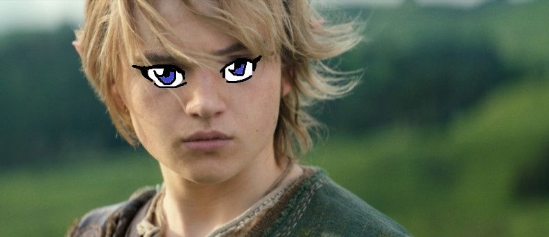 Foto do ator q faz o Link de Zelda no filme (moleque loirin cabeludin com cara de bravo). Olhos anime desenhados por cima dos olhos dele pra parecer o artwork de oot.